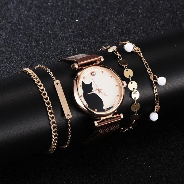 5 stücke Set Uhren Für Frauen 2020 Mode Magnet Katze Muster Rosa Uhr Frauen Quarz Armbanduhr Damen Armband Uhr Drop2927