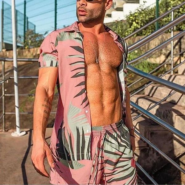 Мужские спортивные костюмы Мужские гавайские тропические пляжные комплекты одежды Пальмовый лист Печатный Цветочный розовый Праздничный тонкий Дышащий с коротким рукавом Два