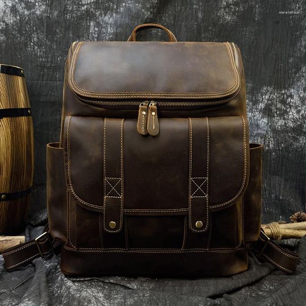 Duffel Bags Big Capacidade Vintage Couro Backpack Laptop Travel Bagpack Men Male Cowskin Retro Style Style Brown 42cm