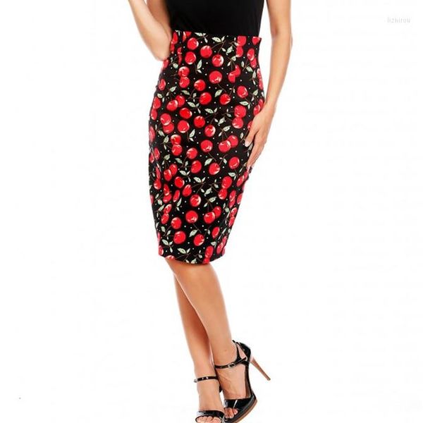 Gonne 30- Donne Vintage anni '50 Ispirato Wiggle Midi Gonna a tubino con stampa di ciliegie Plus Size Pin Up Faldas Jupe Longue