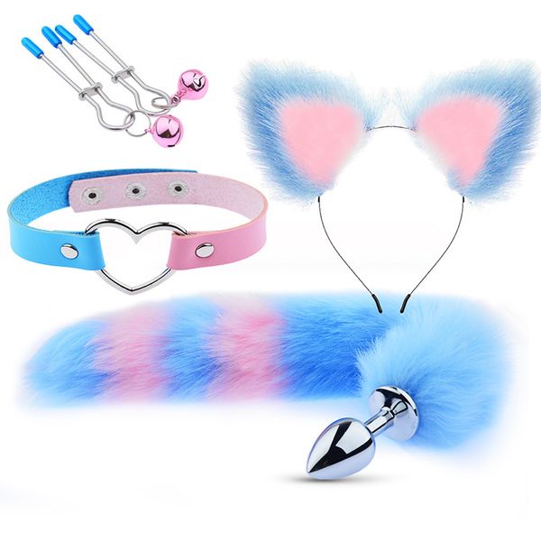 4 PCs Define faves de gato de plugue de cauda de cauda Fox Definir bandeiras do mamilo colar colarinho de colarinho erótico casal de brinquedos sexuais