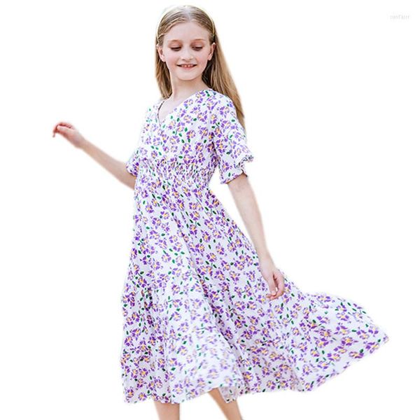 Mädchen Kleider Kinder Sommer Blumendruck V-Ausschnitt Gesmokt Flare Midikleid Kinder 6 bis 14 Jahre Teenager Mode Baumwolle Casual