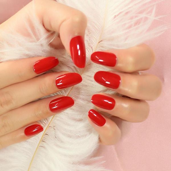 Unghie Finte Lucido Rosso Brillante Stampa Su Medio Ovale Finto Manicure Unghie Salon Faux Ongles Per Donne Ragazze Quotidiano