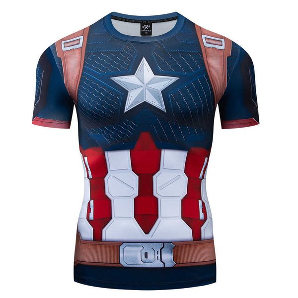 Camiseta de corrida masculina manga curta esporte super-herói capitão américa 3d compressão t camisa secagem rápida fiess topo