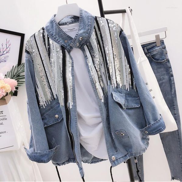 Damenjacken Pailletten-Jeansjacke Herbst weiblich tragen lose schwere Pailletten Retro-Zugseil getragene Jeans-Outwear