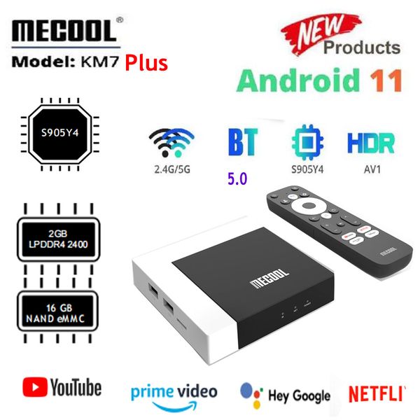 New MECOOL KM7 Plus Android 11 TV Box Amlogic S905Y4 2G 16G 100M LAN 2.4G 5G WiFi BT5.0 Media Player Set Top Box vs KM2 Plus