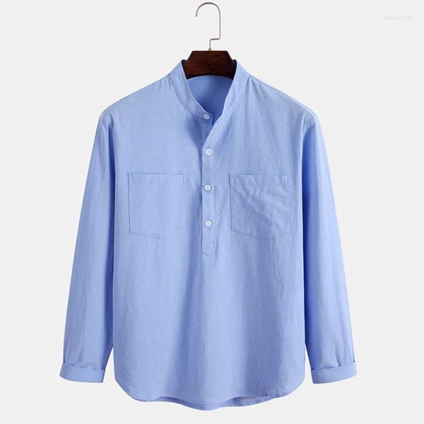 Camicie casual da uomo Camicia da uomo in cotone a maniche lunghe Colletto alla coreana Traspirante Comodo Tasca frontale tradizionale Blu Henley