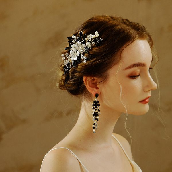 Cabelo de casamento preto pente de pente floral coroa de cabe￧a de cabe￧a floral tiara cristal strass branks briols bretings j￳ias