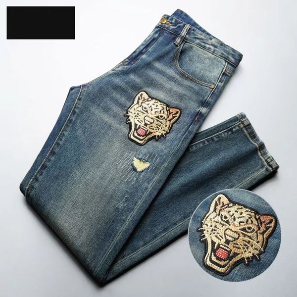 Jeans de designer Jeans cal￧as de p￡ra -quedas de moda tigre bordado de cabe￧a slim reta Casual Long Pants