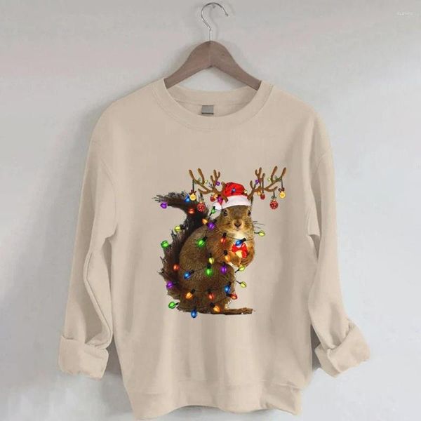 Hoodies femininos Wowen's Christmas Squirrel Lights Imprima Selta Casual Gift Holiday para Lover Casal Pullover Streetwear Tops