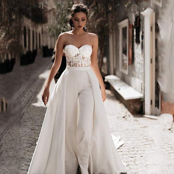 Abiti da sposa tubino tuta senza spalline da donna con strascico staccabile abito in raso bianco abito da sposa applicazioni di pizzo Mariage 326 326