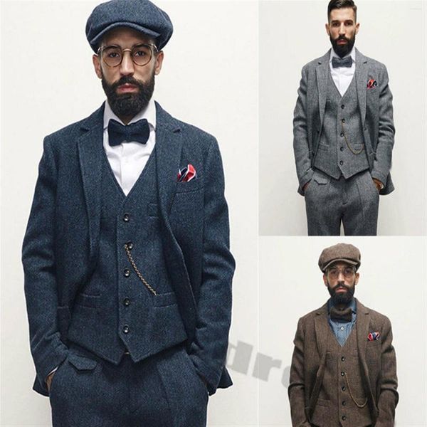 Abiti da uomo 2022 Abito da uomo in tweed 3 pezzi blu grigio marrone a spina di pesce classico in lana con risvolto classico retrò vintage