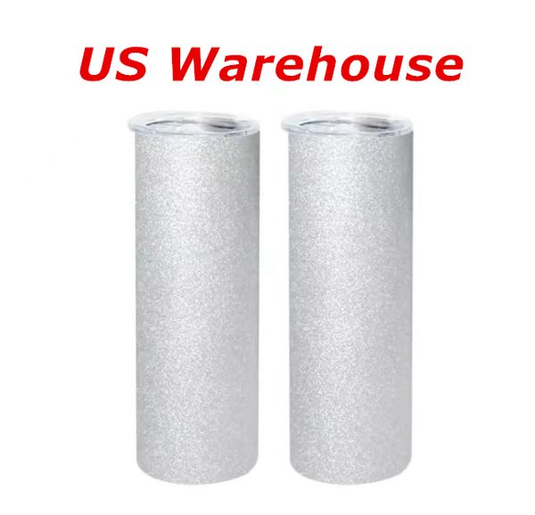 Local Warehouse Sublimação 20 onças Áspero Reto Tumblers Transferência de calor Glitter Branco Copos em branco Garrafas de água de aço inoxidável Canecas com isolamento duplo A12