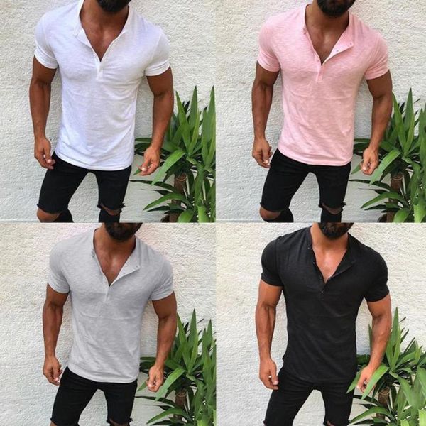 Erkek Tişörtler Erkekler V Boyun Üstleri Yaz İnce Fit Kısa Kollu Kas Tee Sport Sıradan Düğme Gömlek