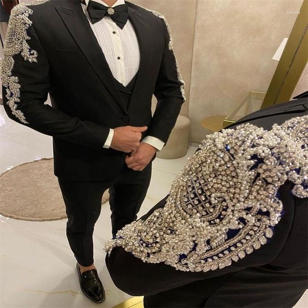 Ternos masculinos 3 peças preto homens contas de cristal feito sob encomenda casamento luxo smoking pico lapela blazer casaco de negócios calça colete