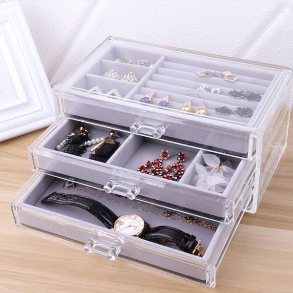 Aufbewahrungsboxen Samt Schmuck Displays Tablett Rechteck Schublade Organizer Box Ohrringe Ringe Halskette Armband Halter Fall