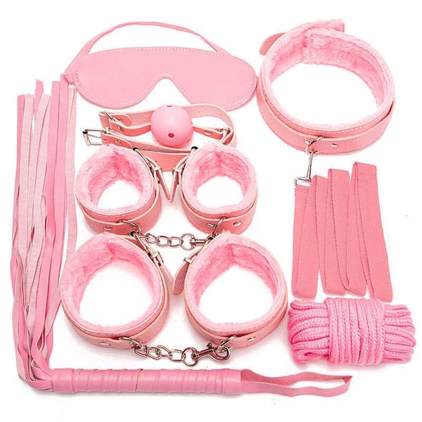 Itens de beleza 7pcs/conjunto rosa e preto BDSM Bed Bondage Toy Sexy para casais Acessórios exóticos de couro P Produtos de corda de algemas