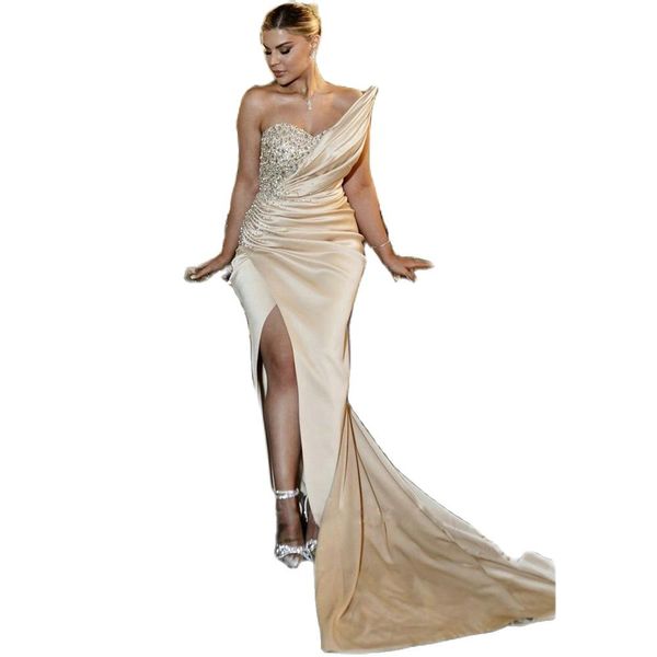 Платье подружки невесты цвета шампанского с бриллиантами и высоким разрезом, плиссированное помолвочное платье, атласная труба, арабское женское платье в Дубае, специальное платье 326 326