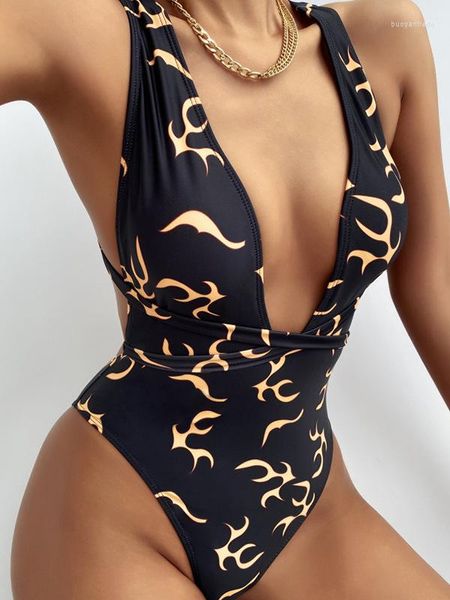 Costume da bagno femminile Set bikini da donna 2022 Costume da bagno intero da donna con stampa fuoco naturale Abbigliamento da spiaggia sexy brasiliano a taglio basso a vita alta