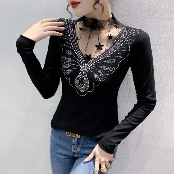 Camisetas femininas #8354 Camisa curta preta Mulheres de manga longa Sexy Hollow Out Mesh Spliced ​​Tight Diamonds Turtleneck Tee feminina