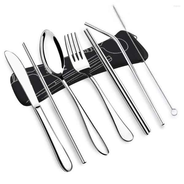 Set di stoviglie Posate da tavola in acciaio inossidabile Posate portatili con custodia Cucchiaio e bacchette riutilizzabili Set di cannuccia in metallo