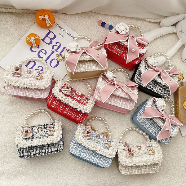 Cute Girls Princess Handbags Crossbody Bag Woolen Pearl Handle Kids Fashion Wedding Tote Borse a mano Kawaii Baby Purses Gift