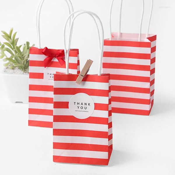 Confezioni regalo 5 pezzi sacchetti di carta coreani piccoli color caramella borsa Kraft bianca a righe rosso nero verde artigianale con manici