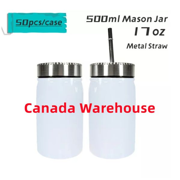 Canada Warehouse 500 ml Sublimations-Einmachglasbecher, Edelstahl-Kaffeetasse, tragbar, Thermodruck-Isolierbecher, staubdichte Flasche mit Metalldeckel, Strohhalm B5