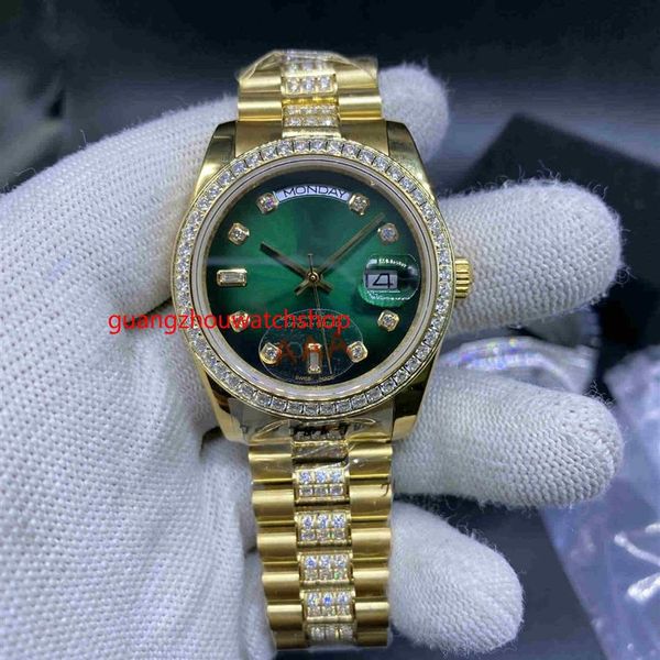 Orologio automatico da uomo Cassa in oro da 36 mm, lunetta con pietre e diamanti al centro del bracciale, quadrante verde Orologi da polso di alta qualità237Q