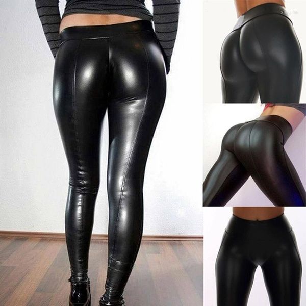 Leggings femininas Mulheres esticam calças S-xl Sorto molhado Look Bulift couro PV PV Skinny Troushers Ropa Mujer