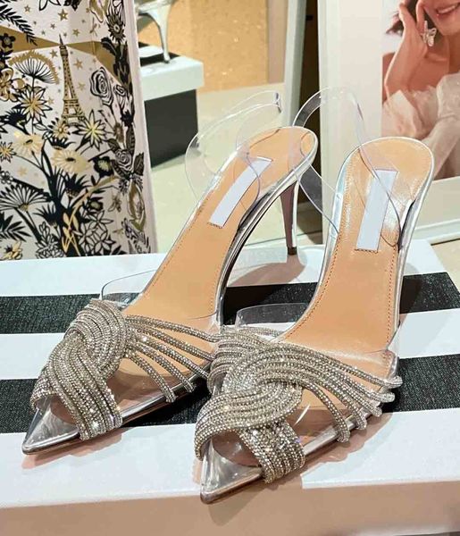 Lüks Tasarım Kadın Gelinlik Ayakkabıları Sandal Yüksek Topuklu Slingback Ayakkabı Aquaz-Boncuklu Stiletto Topuk Strass Posty Toe, Kutu ile İnce Topuklu 35-42