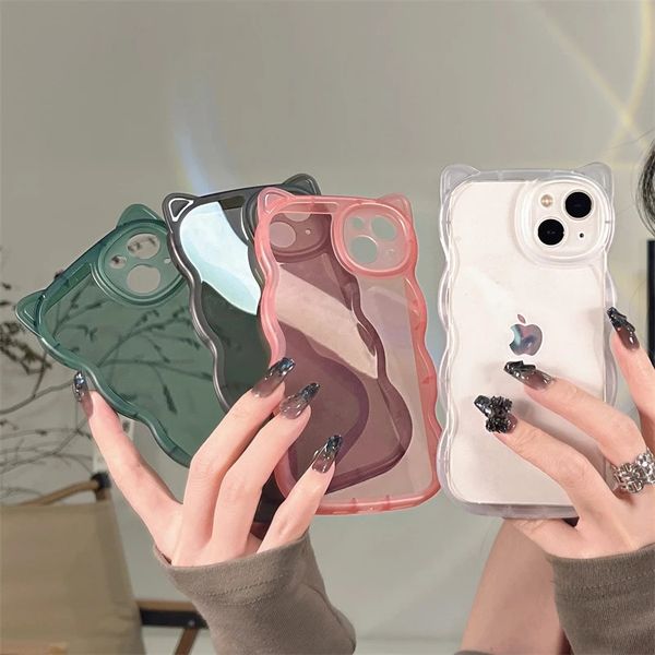 Custodie coreane 3D Cute Cat Ear Bordo ondulato Custodia morbida per telefono trasparente per iPhone 14 13 Pro Max 12 11 X XS XR 7 8 Plus Cover posteriore protettiva divertente