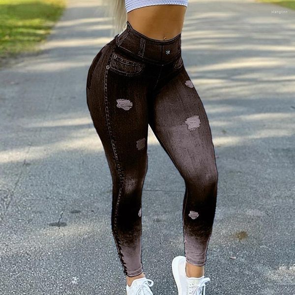 Damen-Leggings SHUJIN Zerrissene Jeans 3D-Druck Frauen-Hosen Push-Up-Laufsport Schlanke weibliche Freizeithose Fitness Sexy Leggings