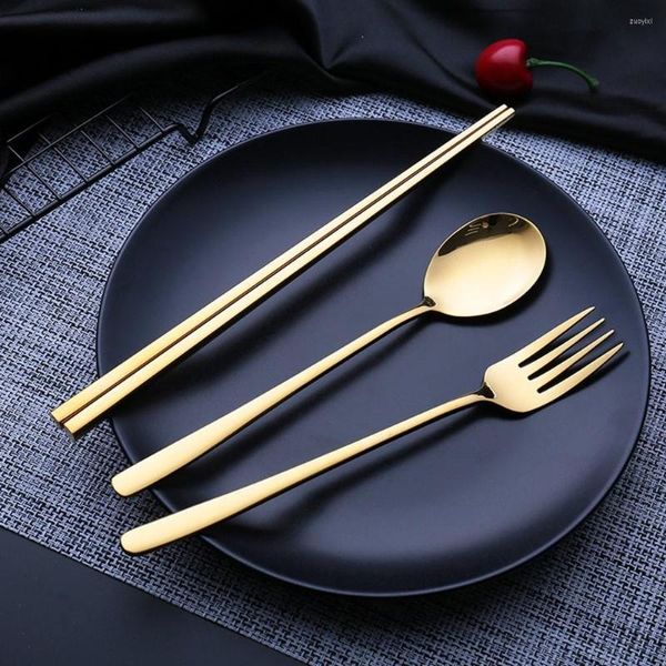 Set di stoviglie Portatile in acciaio inossidabile 304 Bacchette con cucchiaio e forchetta in stile coreano Set da 3 pezzi Stoviglie da cucina in oro nero argento Posate da cucina