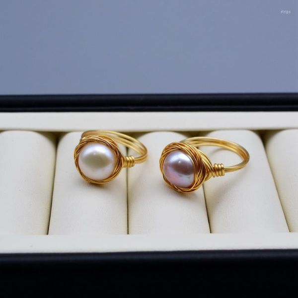 Ringos de cluster Moda Girl Ring Ring Natural Color Freshwater Pearl Gold Handmade Wire Recomendação de Presente
