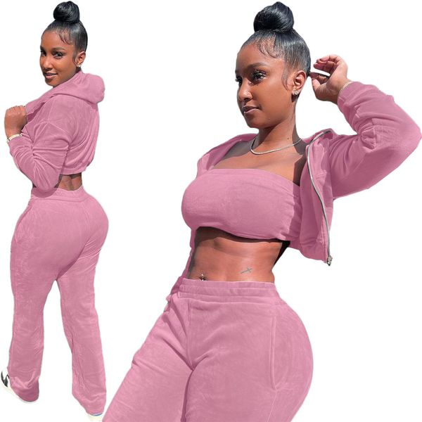 Novo outono inverno 3 peças conjunto feminino veludo agasalhos manga longa sweatsuits casual com capuz jaqueta regata calças combinando conjuntos de veludo ternos esportivos roupas esportivas 8830