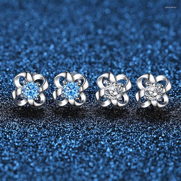 Brincos de garanhão S925 Prata esterlina Lucky Flom Flea Flely Flely Simple Small White Diamond Blue Ladies Mulher