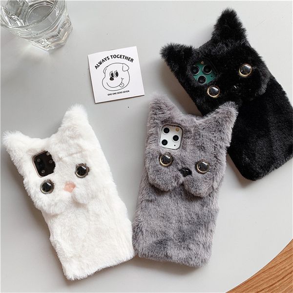 Black White Gray Cat Furry Warm Fluffy Mobile Phone Case Cover for iphone 14 Pro Max