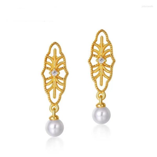 Orecchini pendenti Classic Pearl Stud per le donne Vintage Tree Flower Shape S925 Silver Hollow Geometric Eaalobe Piercing Earring Jewelry