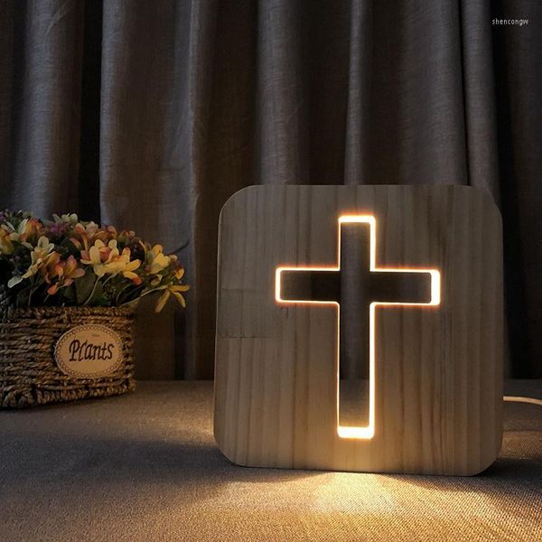 Nachtlichter USB 3D LED Holz Licht Jesu Kreuz Christiana Illusion Luminaria Lampe Geschenke für christliche religiöse Katholizismus Orthodoxe