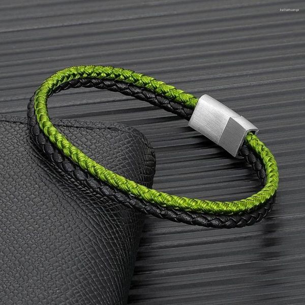 Bracelets de charme mkendn homens modernos fios duplos de oliva quilha verde corda pulseira de couro fosco botão inoxidável