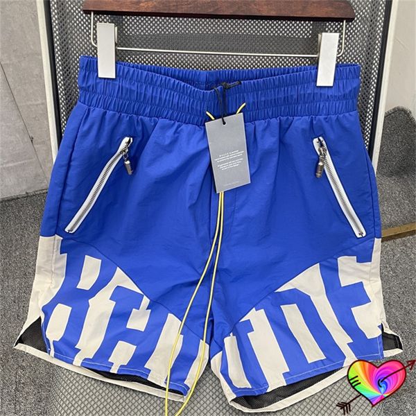 Shorts azuis masculinos femininos shorts patchwork com bolsos laterais duplos calças de malha de nylon