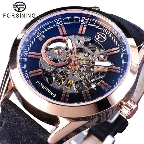 Forsining Rose Goldene Fall Echtes Leder Gürtel Männer Mode Tragen Herren Mechanische Automatische Skeleton Uhren Top Marke Luxury300n