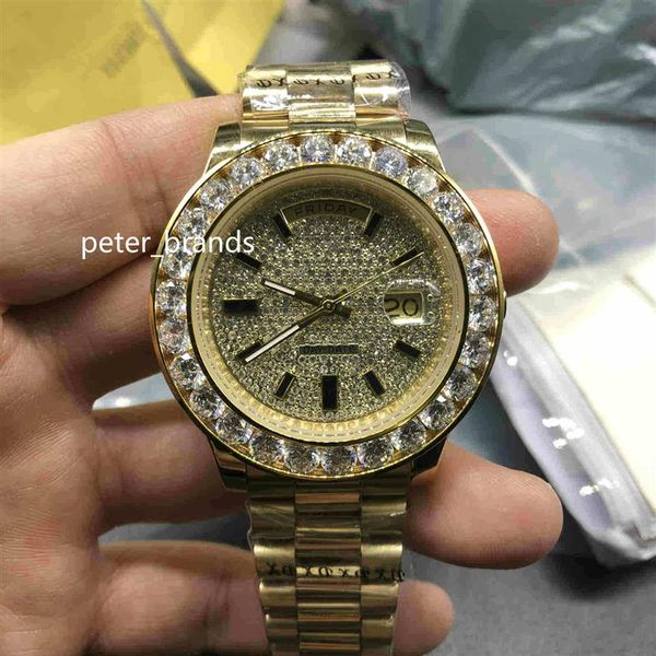 Alta qualidade Data do dia rel￳gio 118k Gold Luxury Mens assista Big Diamond Buzel Gold A￧o inoxid￡vel Original Strap Men Automatic Watches 259x