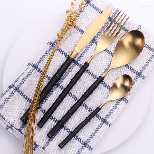 Besteck-Sets, 24-teilig, goldfarbener, mattierter Edelstahl, Vintage-Geschirr 18/10, Abendessen, Messer, Gabel, Löffel, kreatives Besteckset mit Bambusgriff