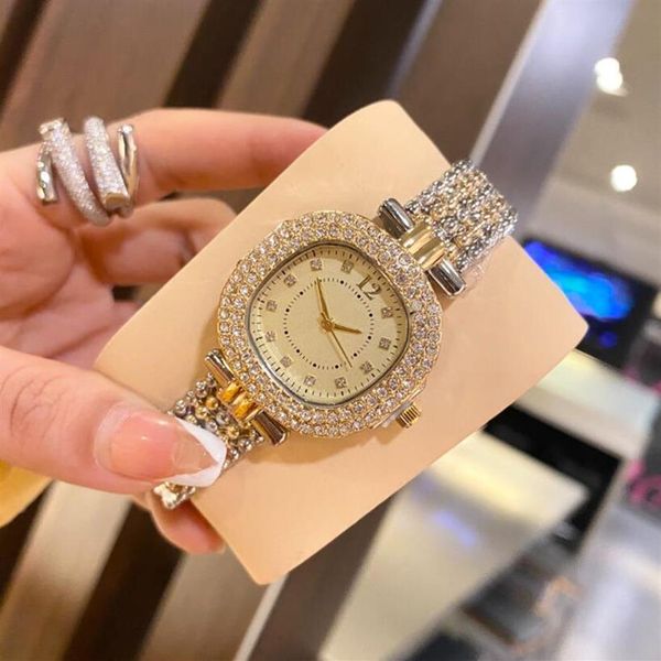 Fashion Luxury Gold Watch Women Women Watches Rhinestone Ladies Wristwatch A￧o inoxid￡vel Iced Out Diamonds Famous Brand Bracelet Clock271L