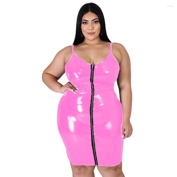 Saias Mulheres PVC Deep V Neck Vestido Sexy Zipper Solid Party Front Party Slim Feminino Vinil Casual Casual Plus Tamanho 7xl