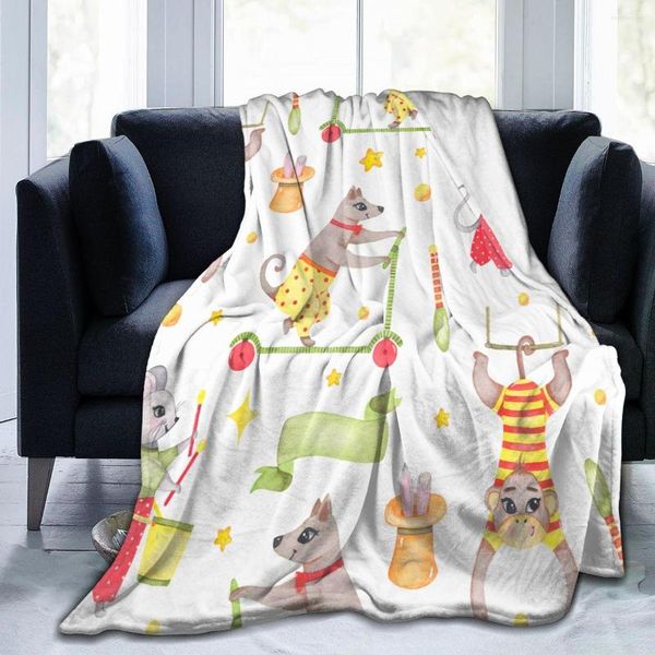 Coperte Coperta di flanella Acquerello Circo Scimmia Cane Topo Sottile Lavaggio meccanico Caldo Morbido Gettare sul divano letto Patchwork da viaggio