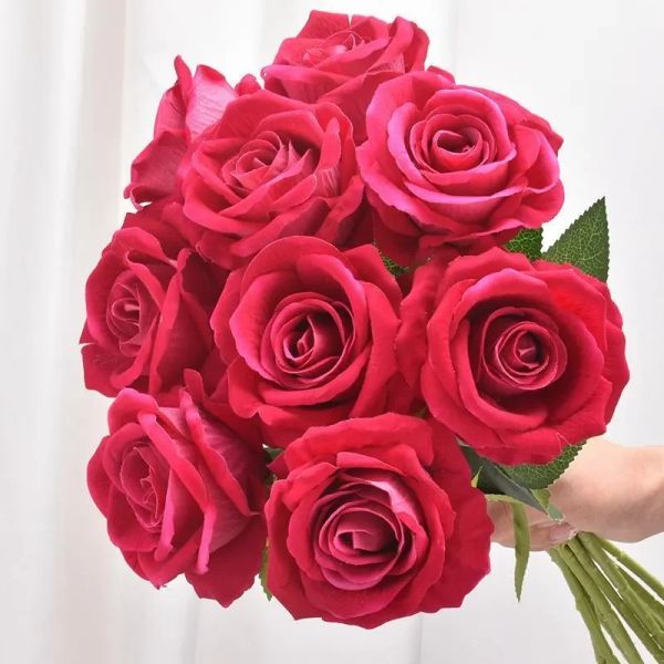 Flanela de caule único rosa Rosas artificiais realistas Flores para o dia dos namorados Decoração de jardim de noiva para casamentos Decoração de jardim por atacado