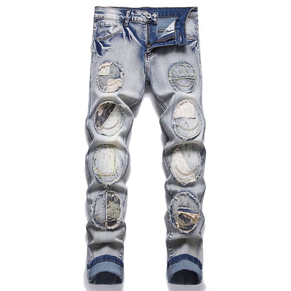 Retro Slim Stretch Herren Jeans Punk Ripped Patch Tägliche Streetwear Casual Collage Denim Hosen Distressed Hosen Pantalones Para Hombre Vaqueros